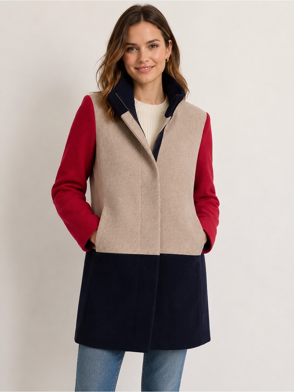 J.Crew Factory Colorblock Funnel Neck Wool Blend Coat Red Navy Beige Size 2
